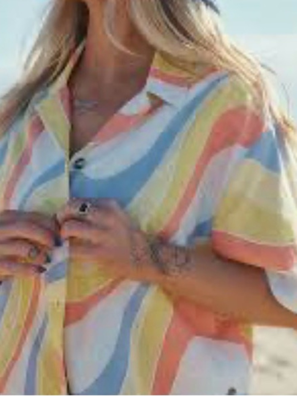 Roxy GrlSwirl Coral, Yellow & Blue Wave-Print Button Down Shirt